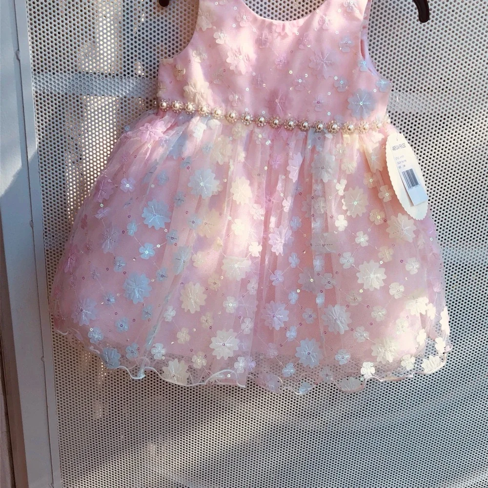 American Princess Pastel Pink Floral Pearl Waist Party Dress- Brand New w/Tags!